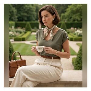 Lucky Brand Olive Green Modal V-Neck Tee Button Shoulder Detail Size XS